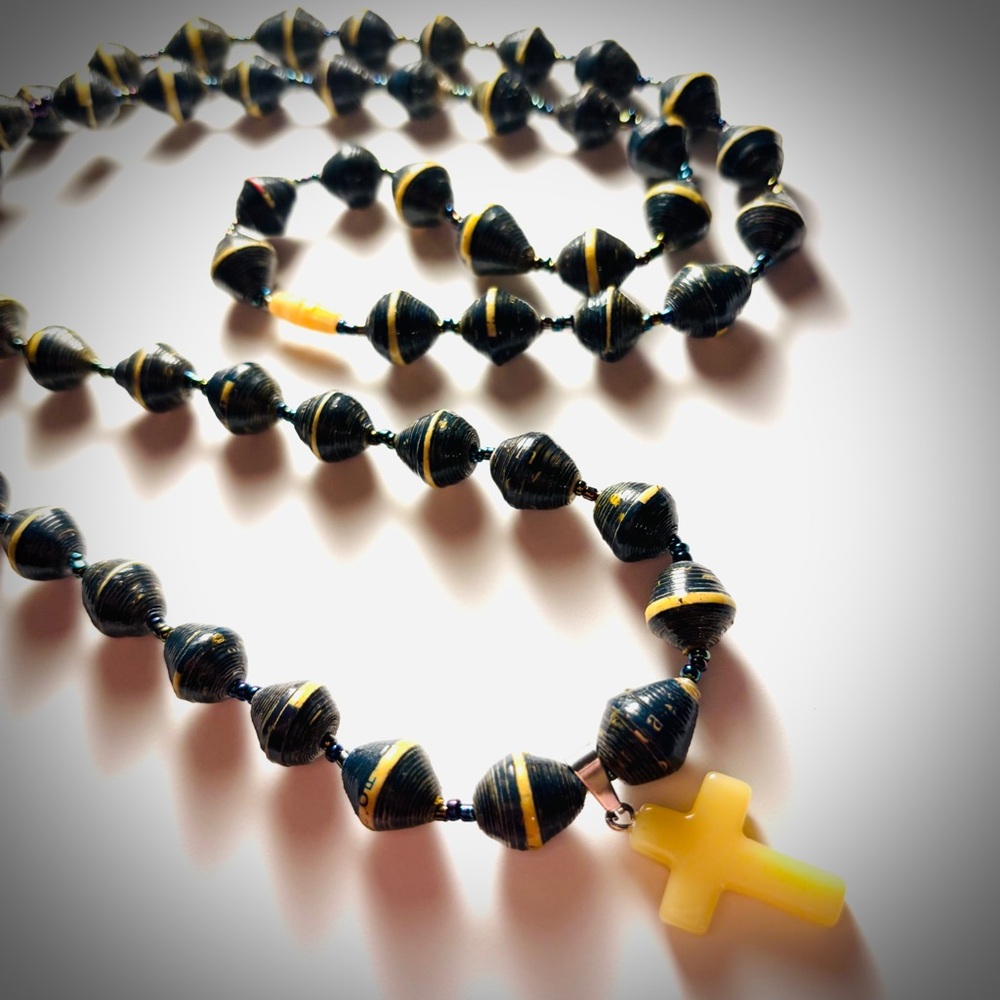 🆕 Handmade Upcycled Rolled Paper Bead Modern Vintage Rosary Cross Necklace
